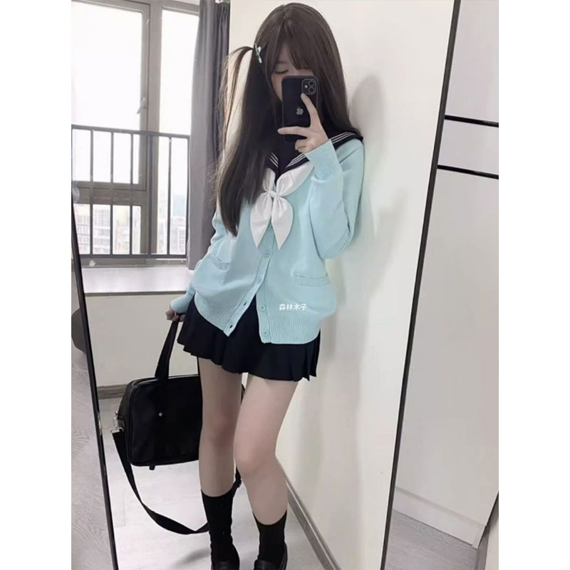小众日系秋冬款学院风JK制服蓝色针织开衫外套女黑色百褶裙套装