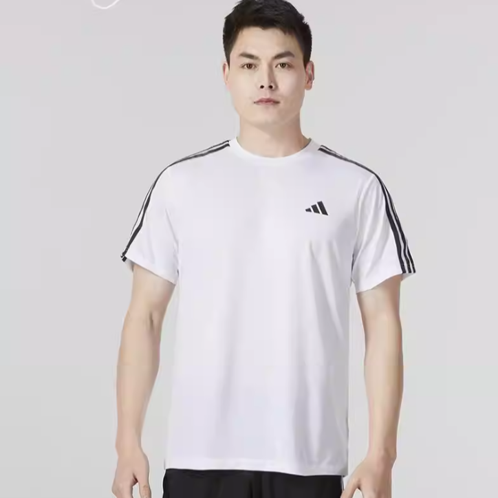 adidas/阿迪达斯短袖跑步健身运动服T恤白色三条纹透气半袖IB8151