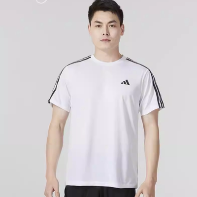 adidas/阿迪达斯短袖跑步健身运动服T恤白色三条纹透气半袖IB8151
