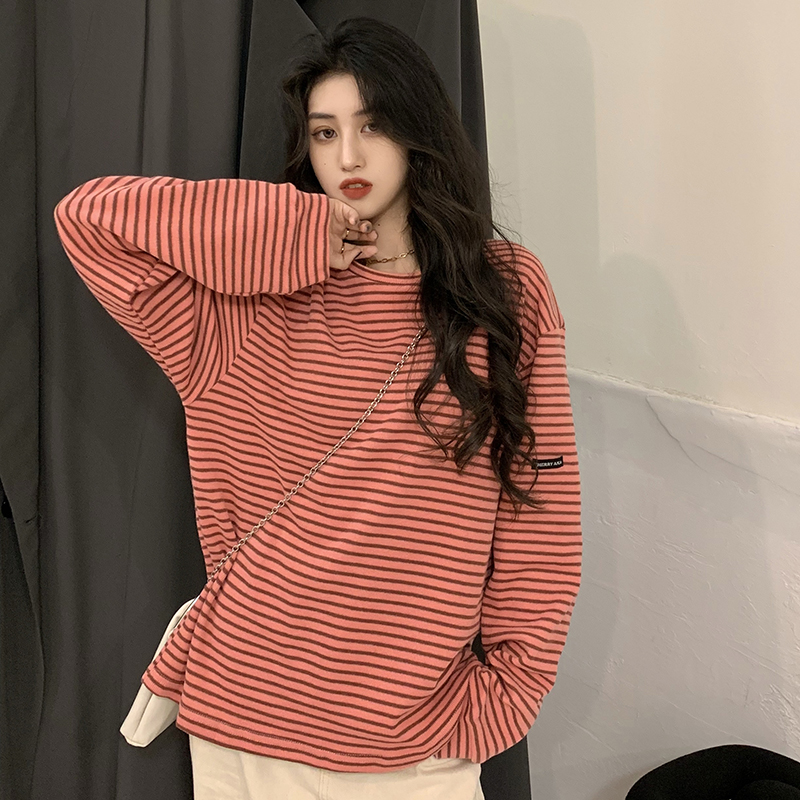 Real shot letter small label Plush loose and simple horizontal stripe top long sleeve Pullover Sweater woman