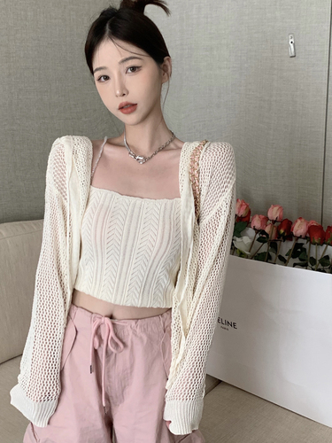 Real shooting of summer thin Knitted Vest + hollow knitted cardigan sunscreen suit