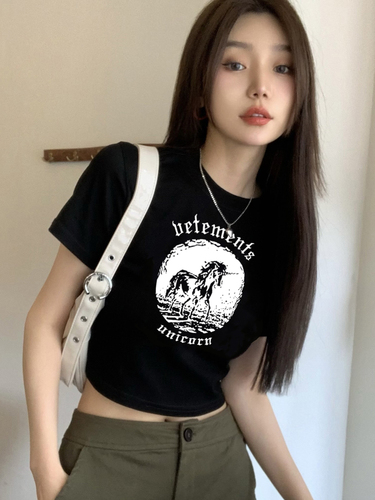 Real shooting American hot girl style short style slim fit Unicorn print short sleeve top T-shirt women's summer