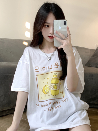 Real shooting Summer College style orange juice printing loose casual casual casual top short sleeve t-shirt female