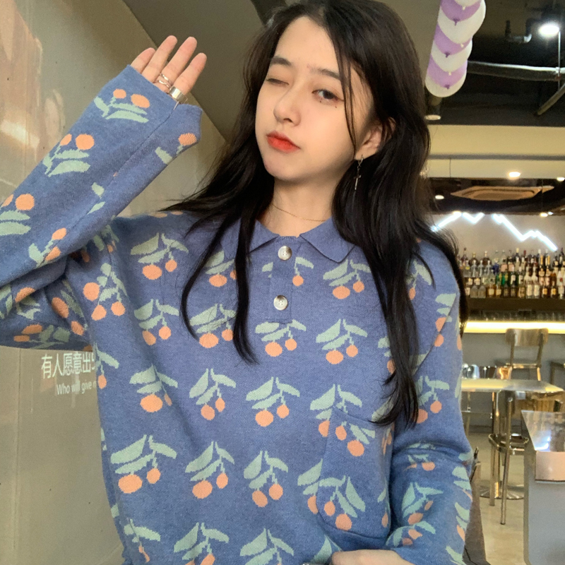 Real time ghost horse Girl Korean ins sweet Long Sleeve Polo neck with cherry jacquard sweater