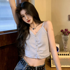 Real shooting summer BM Style Sexy High Waist V-neck short small suspender top with backing vest