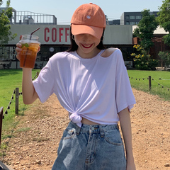 Real shot summer basic off shoulder solid color loose and thin short sleeve T-shirt