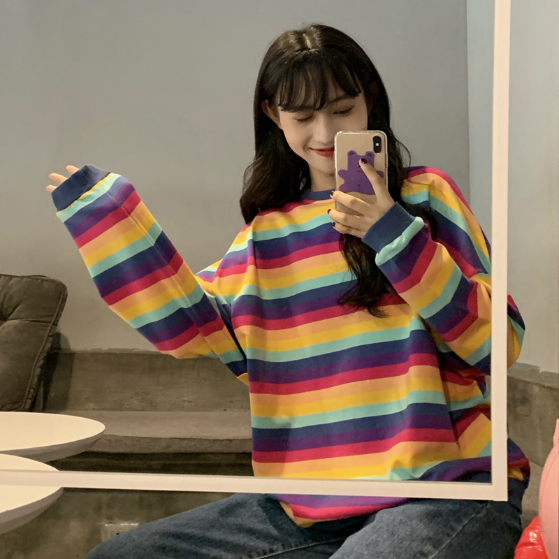 Last year's actual shooting of autumn Korean Pullover loose Rainbow Stripe Long Sleeve Sweater Top T-shirt