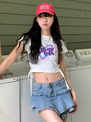 Real shooting of summer clothes pure desire style spice girl sweet cool letter printing bandage short navel exposed Short Sleeve T-Shirt Top