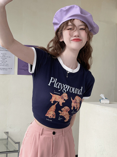 Real shooting cute puppy print T-shirt women's summer contrast round neck short sleeve slim short top