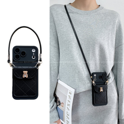 新款经典黑菱格小熊卡包适用opporeno15手机壳reno13/14带卡包findx9pro新款findx8s+手提绳findx7防摔a5度假