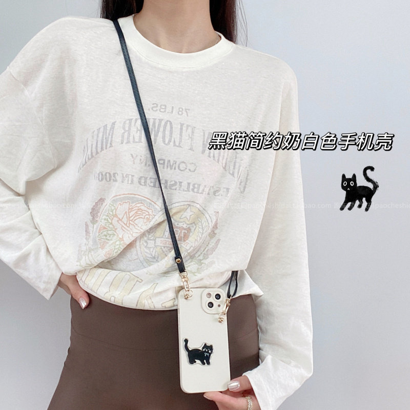 ins可爱小猫咪斜挎适用iPhone15Promax苹果13手机壳14Pro背带挂绳11全包12Pro女款xs/xr少女心14plus软8plus