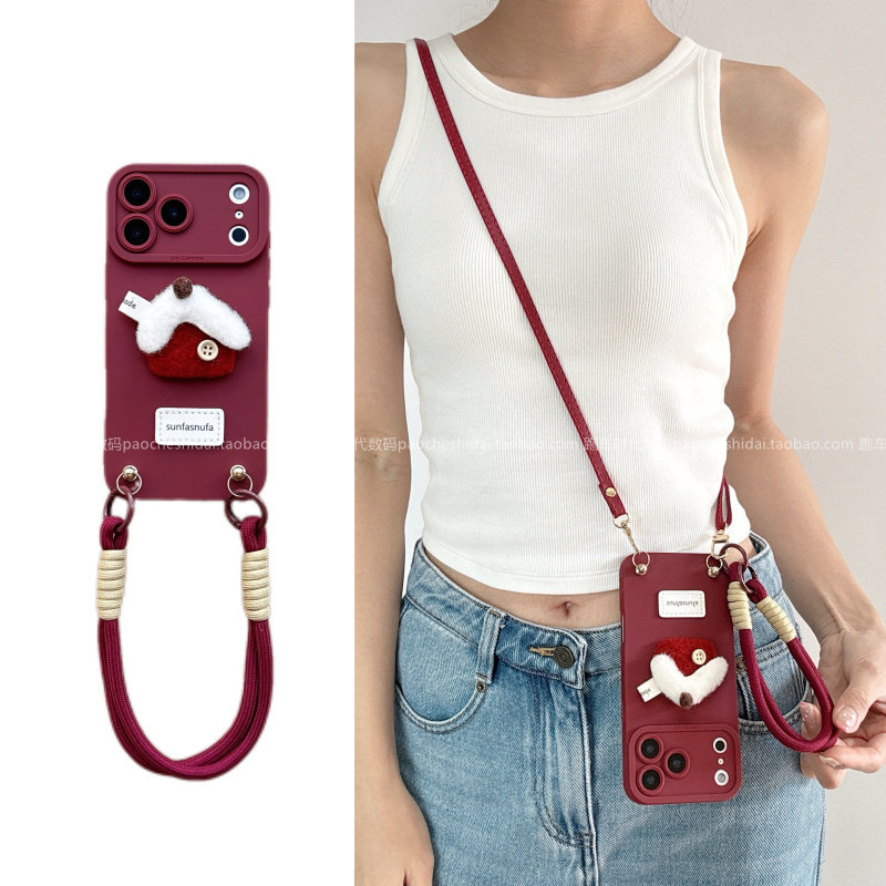 新款2026中国红新年款毛绒屋适用OPPOreno15手机壳findx8/x9pro斜挎款reno141312女新款a6手拎挂绳a5防摔套