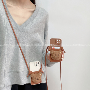 ins毛绒小熊头卡包适用荣耀100Pro保护壳荣耀80Pro/70斜挎背带magic5款x50/x40可爱荣耀30s/v30全包x10手机壳