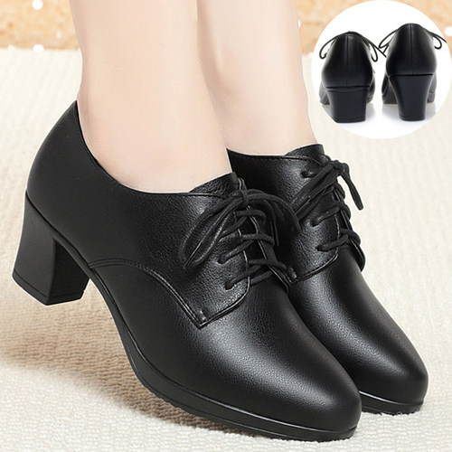 妈妈鞋深口真皮圆头中跟系带软底