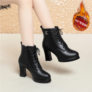 粗跟防水台高跟前系带加绒保暖工作鞋 真皮马丁靴女短靴秋冬季 新款