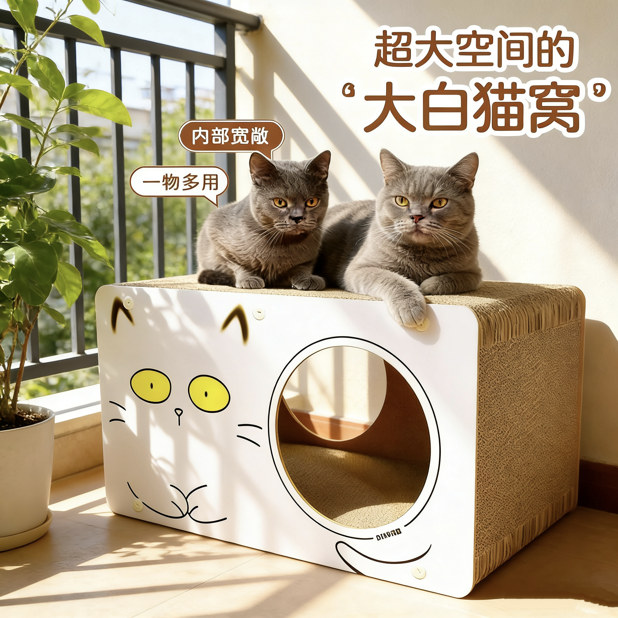大白猫窝瓦楞纸猫抓板耐磨猫房子磨爪板不掉屑封闭式猫舍猫屋睡床