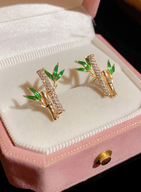 S925银针精致时尚中国风微镶锆石竹节耳钉小清新百搭绿色竹子项链