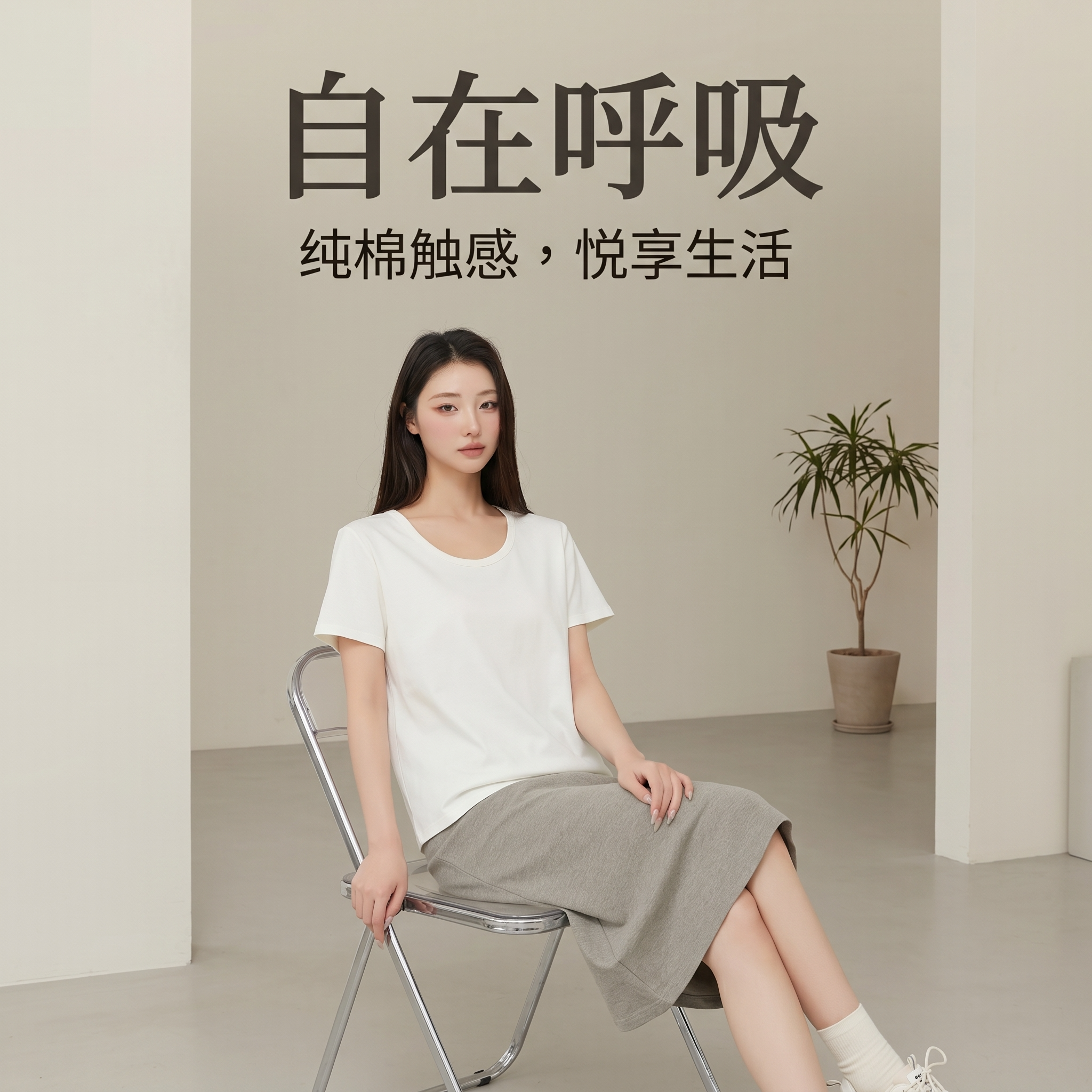 素道有机彩棉夏季女士针织U型领正肩法式极简风短袖小白T