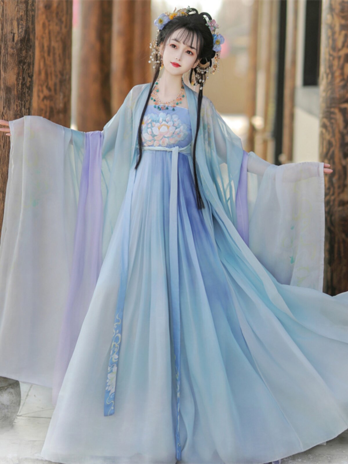 원본 [ZHIHE] 당나라 제 MYROBALAN 스커트 HANFU 여성 정통 가슴 길이 대형 소매 셔츠 봄 여름 새로운 중국 스타일 고대 의상