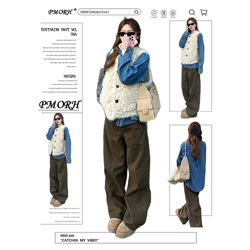 PMORH复古棕咖水洗工装阔腿牛仔裤女秋冬新款慵懒感显瘦直筒裤子,女装/女士精品,牛仔裤,淘宝优惠券,粉丝福利购,淘宝优惠卷