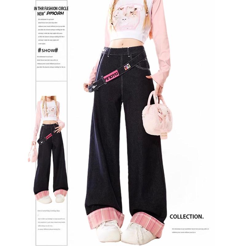 PMORH 美式丹宁深蓝色侧边拉链牛仔裤女秋冬新款格子拼接卷边裤子,女装/女士精品,牛仔裤,淘宝优惠券,粉丝福利购,淘宝优惠卷