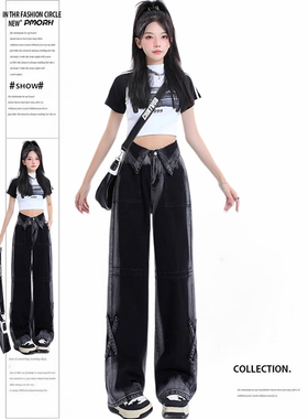 PMORH 美式黑灰色翻边牛仔裤女秋冬季设计感高街显瘦宽松垂感裤子