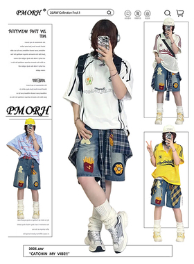 PMORH深蓝色高街印花设计感牛仔短裤女夏季新款小众百搭A字五分裤
