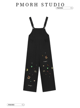 PMORH黑色卡通腊肠小狗刺绣牛仔背带裤女秋冬减龄宽松阔腿连体裤