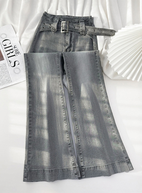 PMORH复古烟灰色高腰微喇叭牛仔裤女秋冬新款显瘦高个子拖地裤子