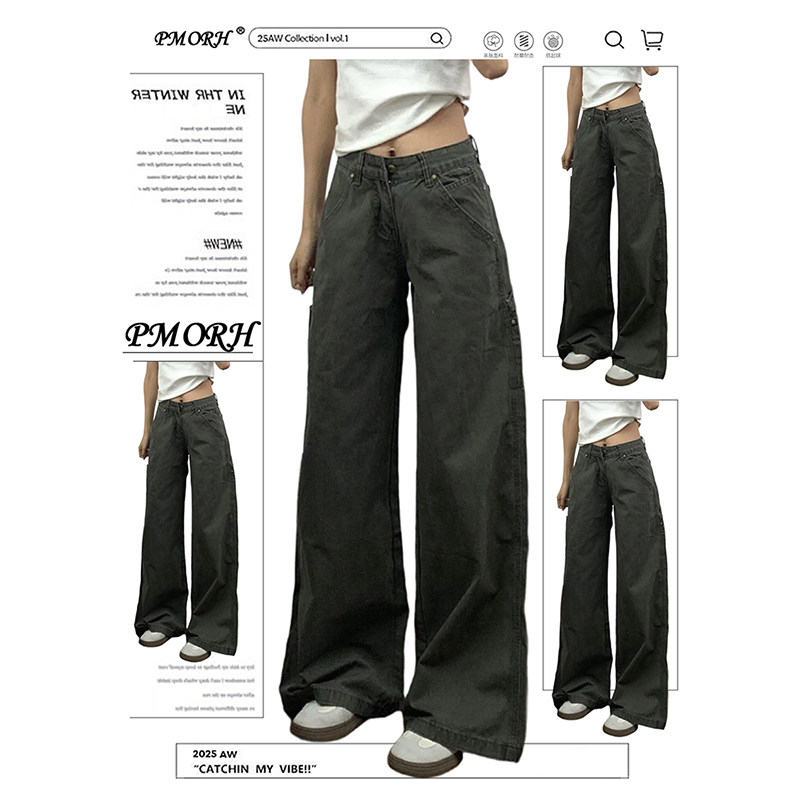 PMORH美式设计感复古水洗工装牛仔裤女秋冬新款小个子显瘦阔腿裤,女装/女士精品,牛仔裤,淘宝优惠券,粉丝福利购,淘宝优惠卷