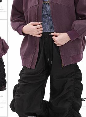 PMORH 美式复古紫色工装外套女春秋冬新款休闲宽松显瘦小众短夹克