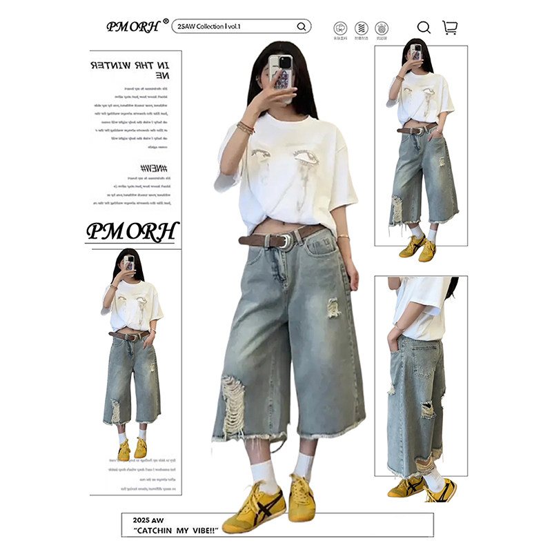 PMORH美式高街破洞设计感七分牛仔裤女秋冬新款小众宽松阔腿中裤,女装/女士精品,牛仔裤,淘宝优惠券,粉丝福利购,淘宝优惠卷