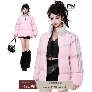 PMORH 美式三条杠羽绒棉服外套女2025新款冬季加厚立领棉衣面包服