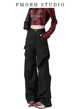 PMORH黑色褶皱工装西装裤女秋冬加厚阔腿休闲裤美式复古宽松裤子