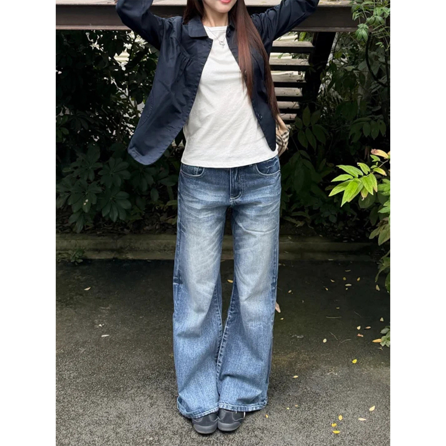 PMORH美式复古高腰阔腿2026秋季新款水洗做旧宽松直筒牛仔裤子女