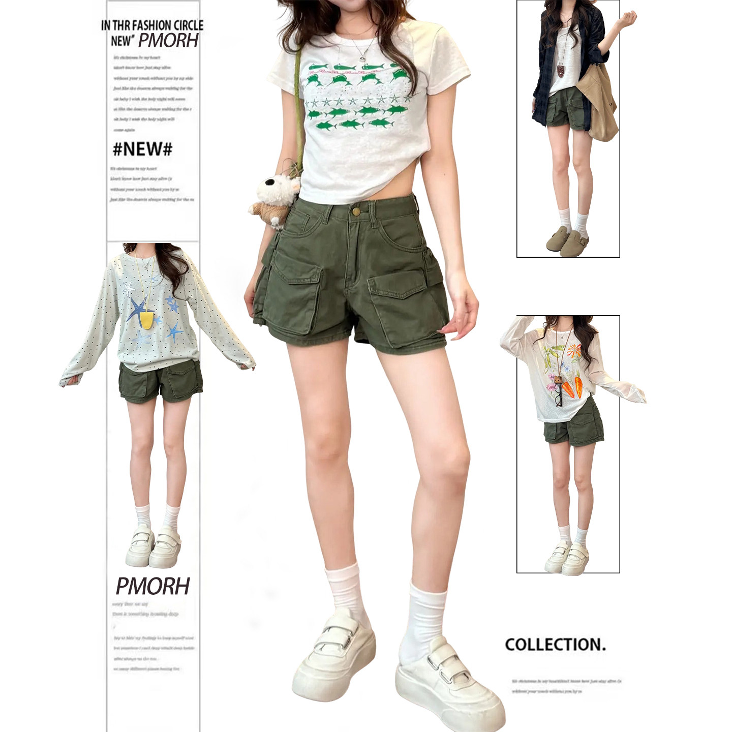 PMORH2026新款美式辣妹军绿色工装高腰显瘦多口袋穿搭牛仔短裤女