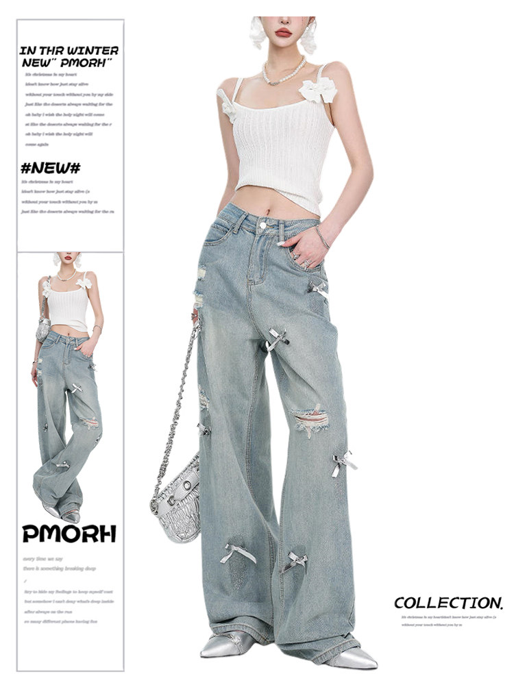 PMORH 复古立体蝴蝶结破洞牛仔裤女秋冬设计感小众浅蓝色阔腿裤子,女装/女士精品,牛仔裤,淘宝优惠券,粉丝福利购,淘宝优惠卷