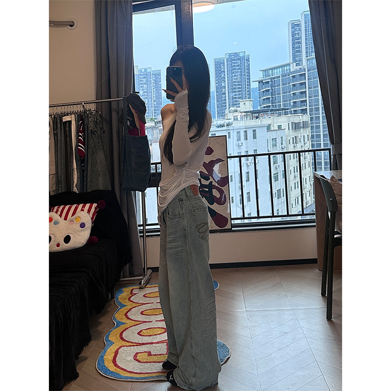 PMORH美式复古风口袋刺绣牛仔裤女秋冬2026新款高腰显瘦拖地裤子,女装/女士精品,牛仔裤,淘宝优惠券,粉丝福利购,淘宝优惠卷