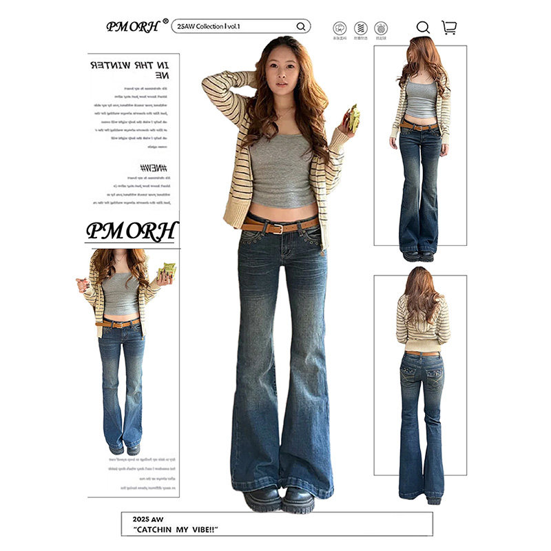PMORH美式复古蓝水洗做旧微喇牛仔裤女冬季新款修身显瘦拖地裤子,女装/女士精品,牛仔裤,淘宝优惠券,粉丝福利购,淘宝优惠卷
