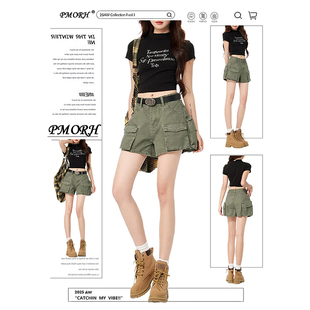 多口袋高腰工装 军绿色显瘦a字热裤 牛仔短裤 新款 潮 女春季 PMORH美式