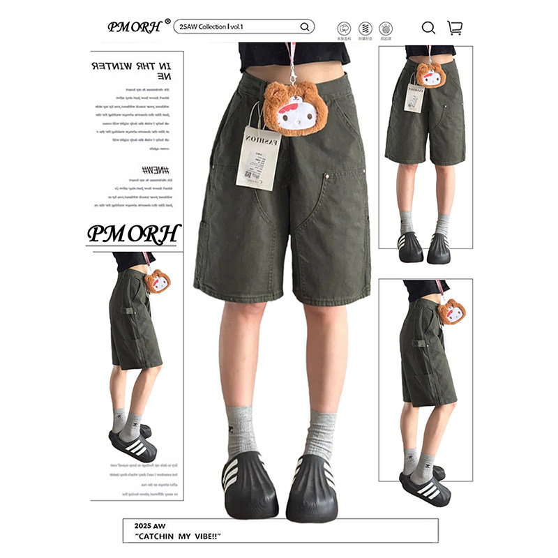 PMORH美式军绿色复古弯刀牛仔裤女2026秋冬新款小个子显瘦五分裤,女装/女士精品,牛仔裤,淘宝优惠券,粉丝福利购,淘宝优惠卷