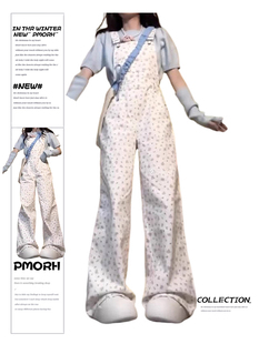 PMORH 白色碎花工装背带裤女2026新款美式复古小个子牛仔连体裤子