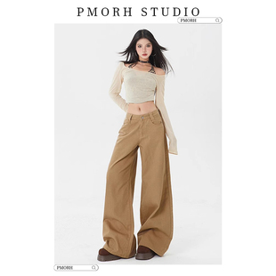 超耐看宽松显瘦拖地裤 PMORH美式 新款 女2026春季 拿铁棕阔腿牛仔裤
