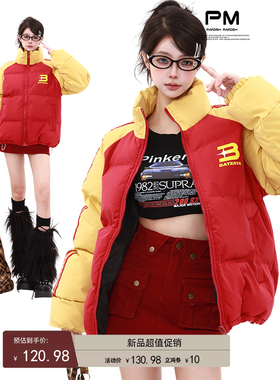 PMORH 美式红色插肩袖反季羽绒棉服女冬季加厚面包服棉衣棉袄外套