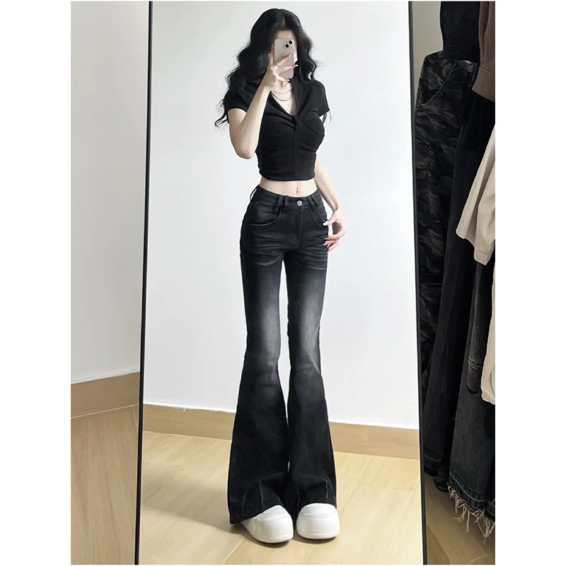 PMORH美式黑色渐变水洗微喇叭牛仔裤女秋冬2026新款修身马蹄裤子,女装/女士精品,牛仔裤,淘宝优惠券,粉丝福利购,淘宝优惠卷