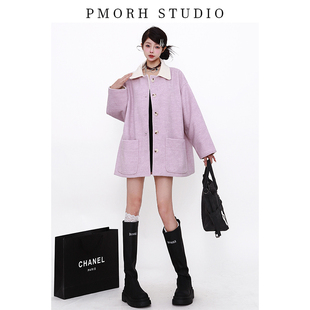 PMORH紫色赫本风毛呢外套女夏季新品中长款宽松大衣气质妮子上衣