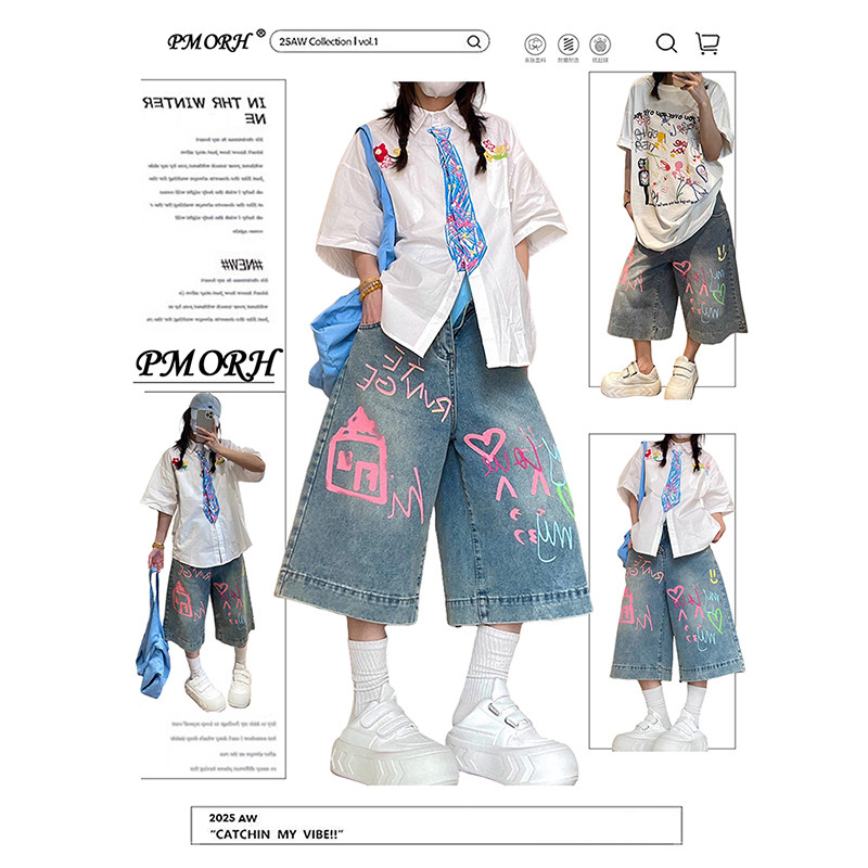 PMORH美式涂鸦设计感牛仔七分裤女2026秋冬新款宽松直筒阔腿中裤,女装/女士精品,牛仔裤,淘宝优惠券,粉丝福利购,淘宝优惠卷