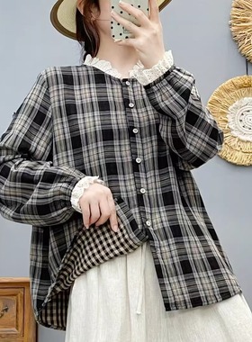 2025秋季新款花边领格纹棉纱衬衫休闲百搭宽松上衣女86308
