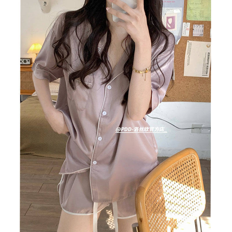 新款ins风冰丝睡衣女夏季套装短袖短裤韩版少女丝绸家居服两件套.