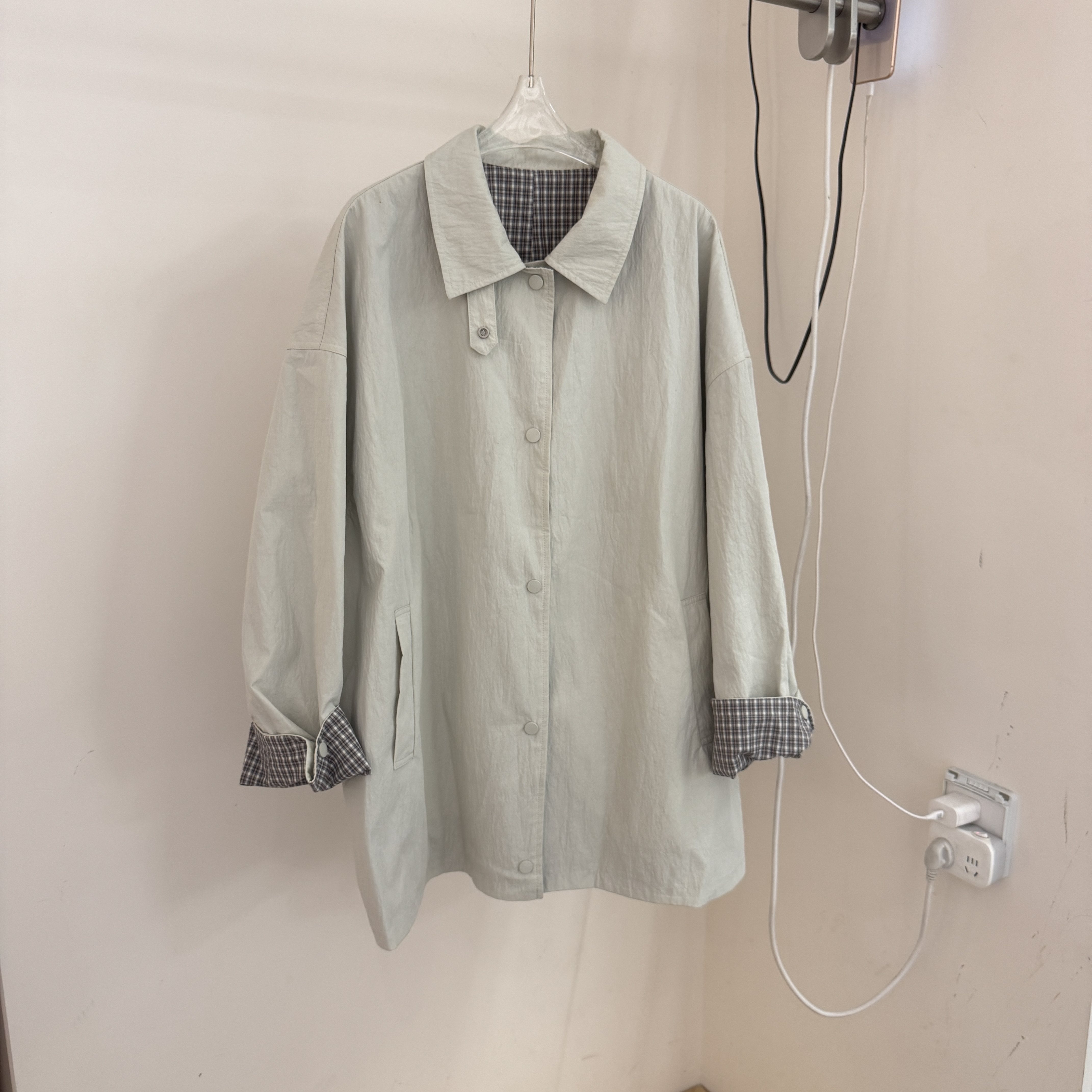欧货正品韩系拼接格子袖宽松休闲简约百搭复古慵懒风风衣外套女秋